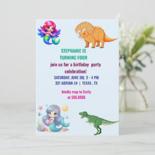 Invitation Fête d'anniversaire Dinosaur sirène moderne