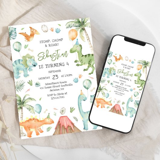 Invitation Fête d'anniversaire Dinosaure Piétinement Dévoreme