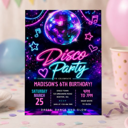 Invitation Fête d'anniversaire Disco Glow