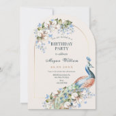 Invitation Fête d'anniversaire d'oiseau de paon bleu floral (Devant)