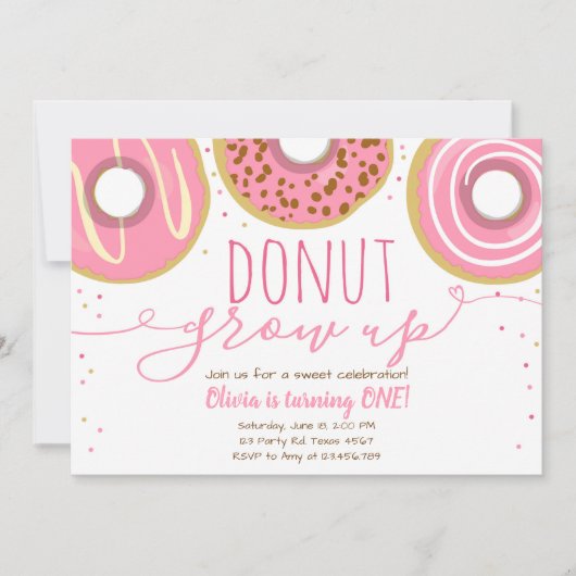 Invitation Fête d'anniversaire Donut pousse grande Fille Rose (Devant)