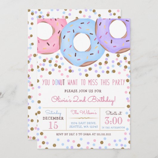 Invitation Fête d'anniversaire donuts rose confettis or (Devant / Derrière)