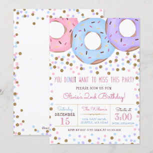 Invitation Fête d'anniversaire donuts rose confettis or