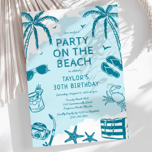 Invitation Fête d'anniversaire doodle bleu plage côtière