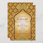 Invitation Fête d'anniversaire dorée arabe indienne violet et (Devant / Derrière)