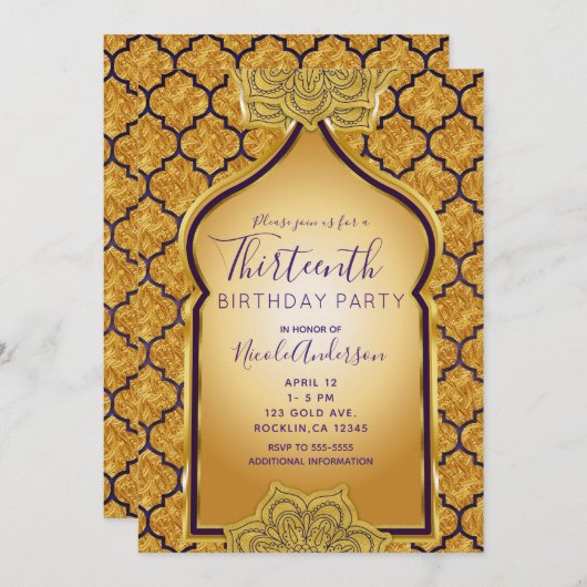 Invitation Fête d'anniversaire dorée arabe indienne violette (Devant / Derrière)