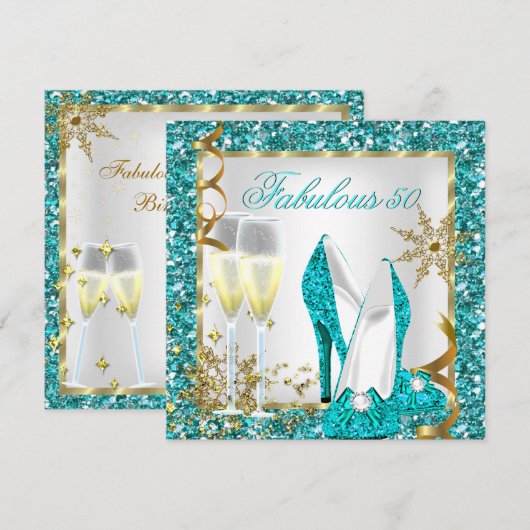 Invitation Fête d'anniversaire dorée pailletée de bleu sarcel (Devant / Derrière)