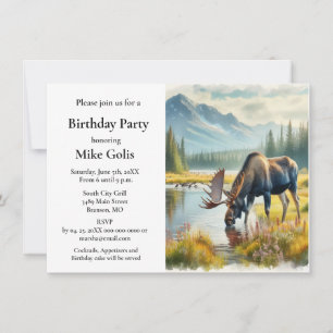 Invitation Fête d'anniversaire d'orignal à l'aquarelle