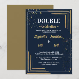 Invitation Fête d'anniversaire double élégante Navy Or