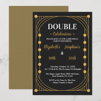 Invitation Fête d'anniversaire double élégante noir et or