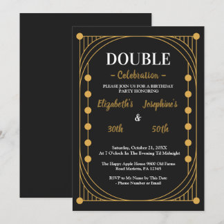 Invitation Fête d'anniversaire double élégante noir et or
