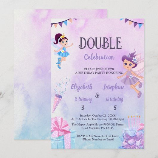 Invitation Fête d'anniversaire double fée pour filles (Devant / Derrière)