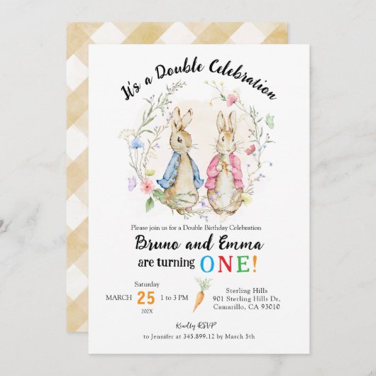 Invitation Fête d'anniversaire double frères et soeurs (Devant / Derrière)