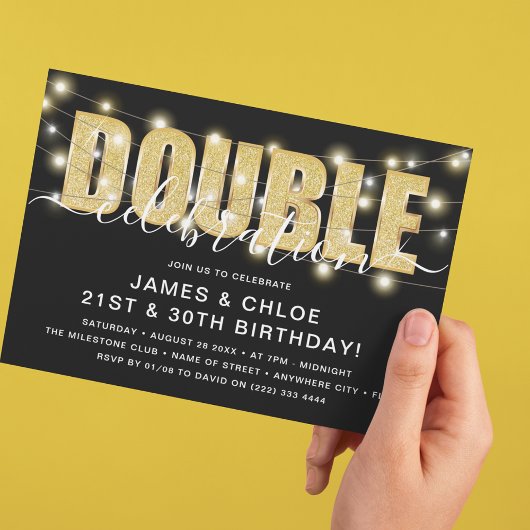 Invitation Fête d'anniversaire 'DOUBLE' paillettes dorées