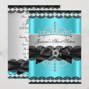 Invitation Fête d'anniversaire douce 16 ans Teal Argent Noir