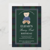 Invitation Fête d'anniversaire d'ours en peluche vert (Devant)