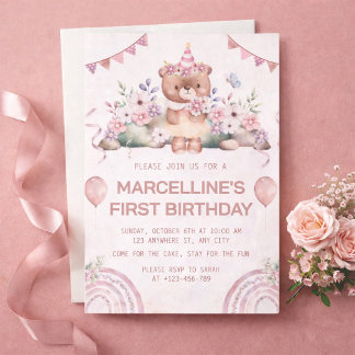 Invitation Fête d'anniversaire d'ours floral rose 1 an
