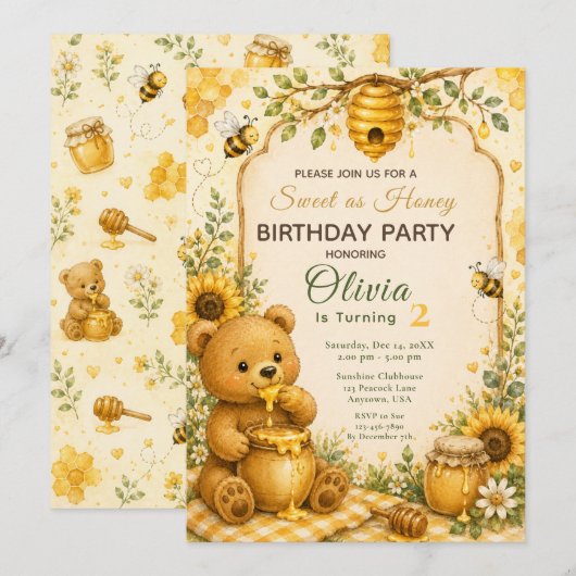 Invitation Fête d'anniversaire doux comme du miel (Devant / Derrière)