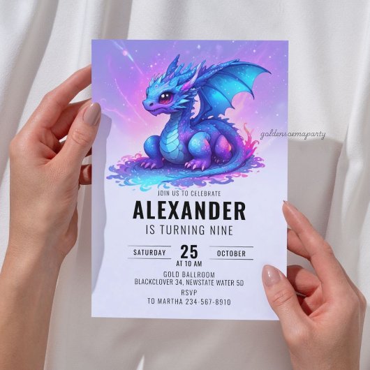 Invitation Fête d'anniversaire Dragon Bleu Rose