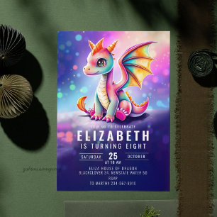 Invitation Fête d'anniversaire Dragon Rose Jaune Sombre