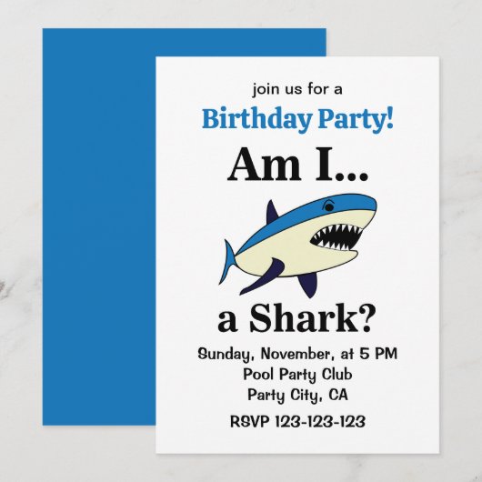 Invitation Fête d'anniversaire drôle avec requin bleu (Devant / Derrière)
