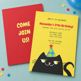 Invitation Fête d'anniversaire drôle de chat noir