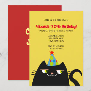 Invitation Fête d'anniversaire drôle de chat noir