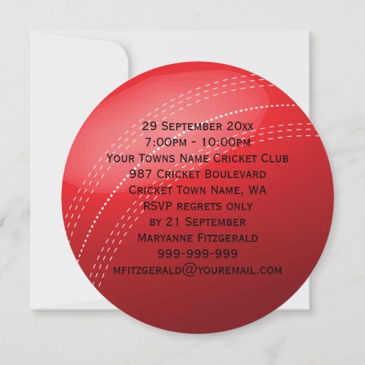 Invitation Fête d'anniversaire du bal de cricket (Dos)