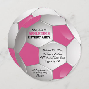 Invitation Fête d'anniversaire du bal de football rose et bla