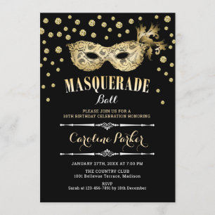Invitation Fête d'anniversaire du bal de mascarade Gold Black