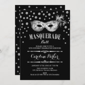 Invitation Fête d'anniversaire du bal Mascarade Noir Argent (Devant / Derrière)