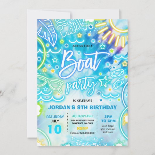 Invitation Fête D'Anniversaire Du Bateau Au Lac Tie Dye Glow (Devant)