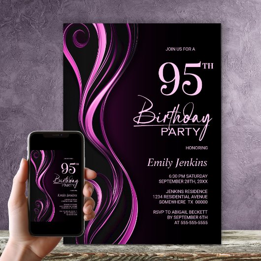Invitation Fête d'anniversaire du Black Pink moderne 95e