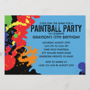 Invitation Fête d'anniversaire du Blue Paintball Splatz Paint