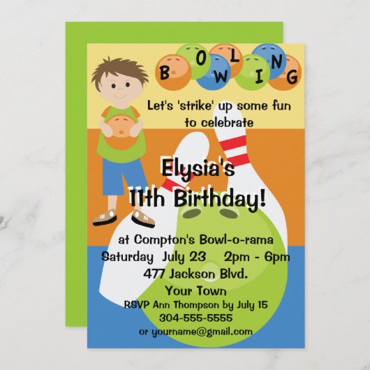 Invitation Fête d'anniversaire du Bowling sur mesure (Devant / Derrière)