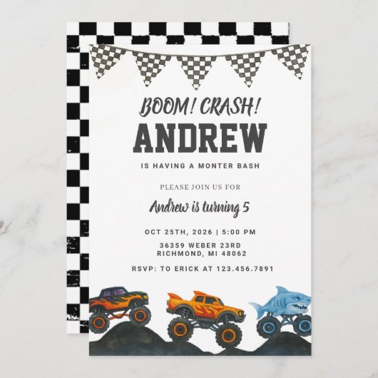 Invitation Fête d'anniversaire du Camion Bash Monster (Devant / Derrière)