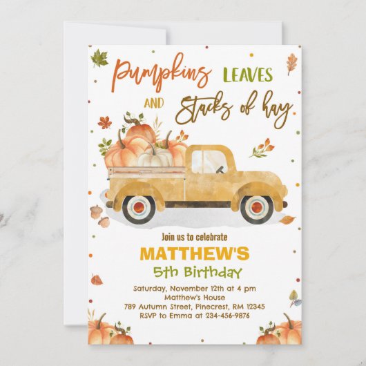 Invitation Fête d'anniversaire du camion de citrouille automn (Devant)