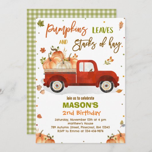 Invitation Fête d'anniversaire du camion de citrouille automn (Devant / Derrière)