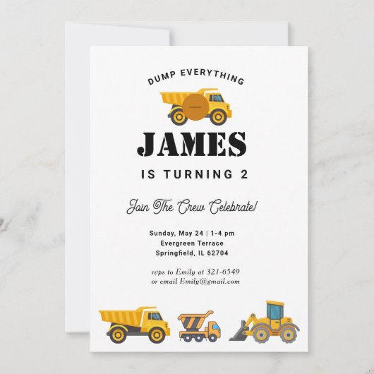 Invitation Fête d'anniversaire du camion de construction (Devant)