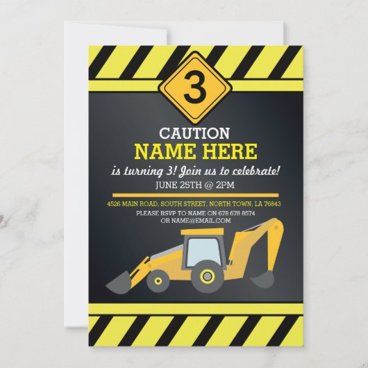 Invitation Fête d'anniversaire du camion de construction-Digg (Devant)