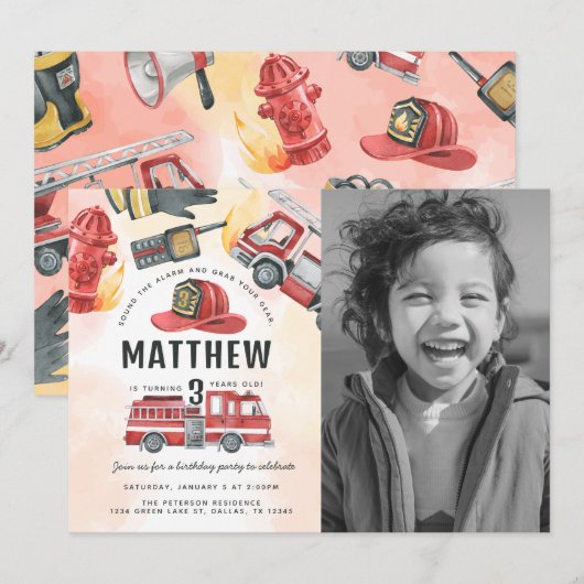 Invitation Fête d'anniversaire du camion de moteur de feu rou (Devant / Derrière)