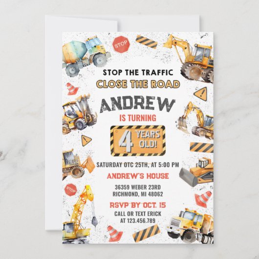 Invitation Fête d'anniversaire du camion de vidage de constru (Devant)