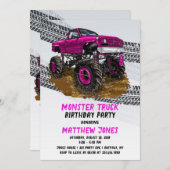 Invitation Fête d'anniversaire du Camion Fuchsia Monster (Devant / Derrière)