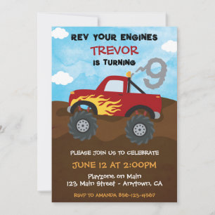 Invitation Fête d'anniversaire du camion monstre rouge 9 ans