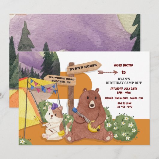 Invitation Fête d'anniversaire du camping (Devant / Derrière)