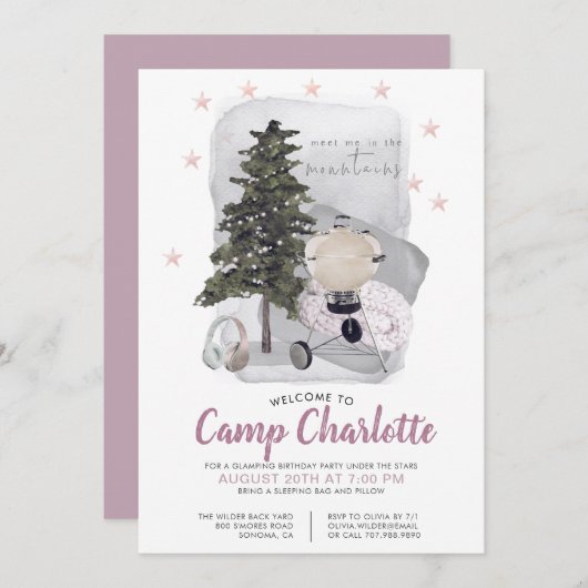 Invitation Fête d'anniversaire du Camping Glamping (Devant / Derrière)