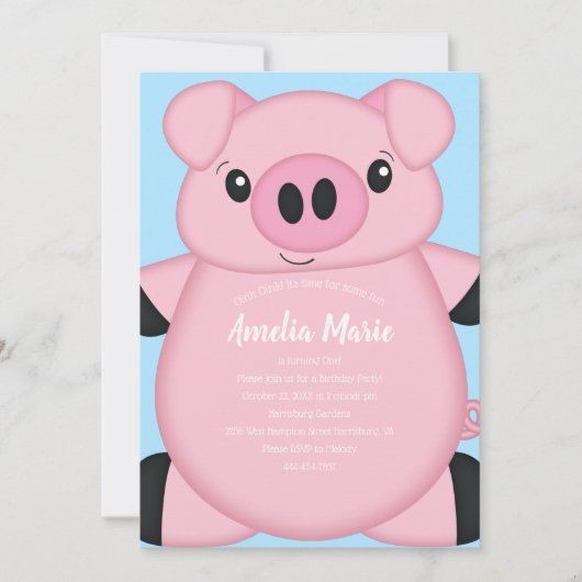 Invitation Fête d'anniversaire du cochon bleu (Devant)