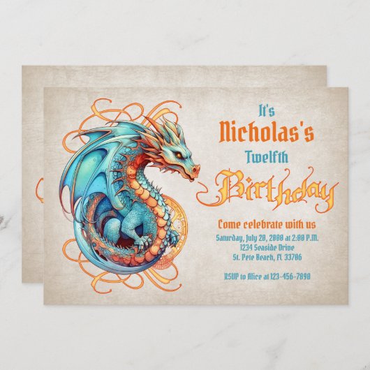 Invitation Fête d'anniversaire du dragon (Devant / Derrière)