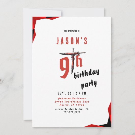 Invitation Fête d'anniversaire du garçon à l'épée rouge (Devant)