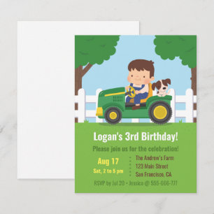 Invitation Fête d'anniversaire du garçon au tracteur et des e